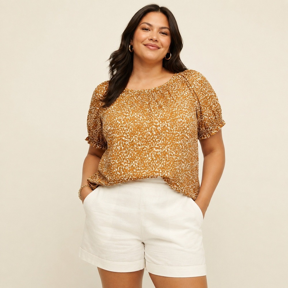 Ava‎ & Viv Women Blouse 2X Cotton Abstract Puff Sleeve Top Gold Orange Summer